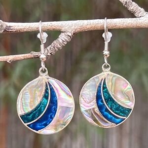 Vintage Alpaca Silver Mexico Abalone Inlaid Dangle Earrings